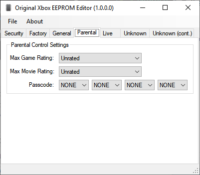 تبويب Parental في برنامج Original Xbox EEPROM Editor لإعدادات الرقابة الأبوية