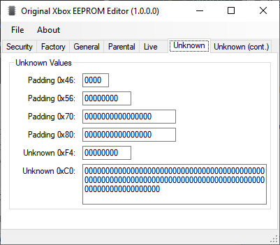 تبويب Unknown الأول في برنامج Original Xbox EEPROM Editor