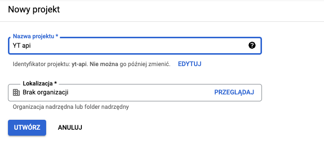 Create new project in google console