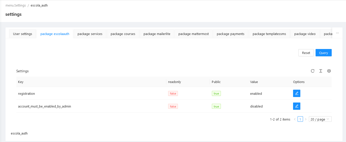 List of registered settings for single package List of registered settings for single package