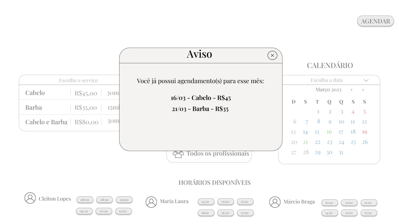 Tela de aviso caso já tenha horário marcado