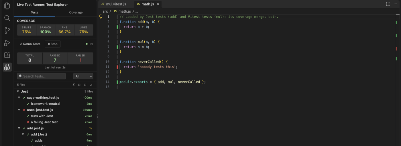 math.js covered by Jest (add) and Vitest (mul)