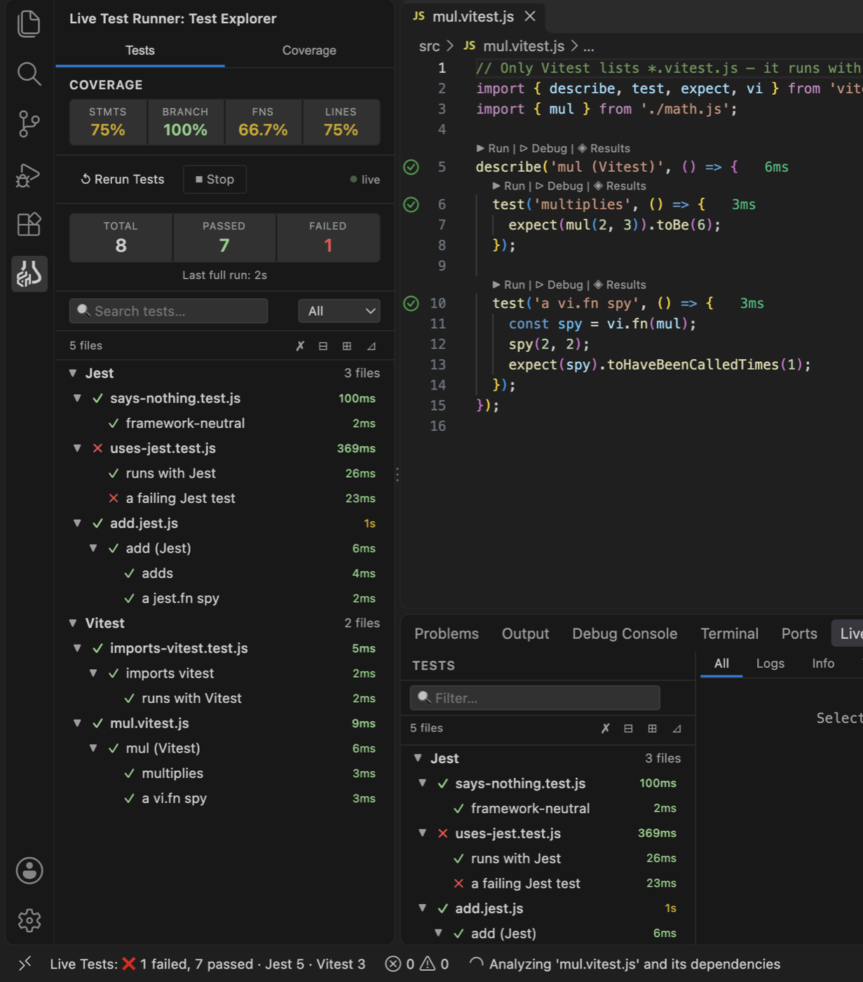 A mixed project: Explorer grouped into Jest and Vitest, status bar Jest 5 · Vitest 3
