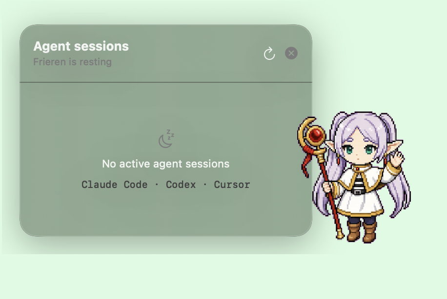 Frieren desktop pet and AI coding agent monitor for macOS showing no active sessions