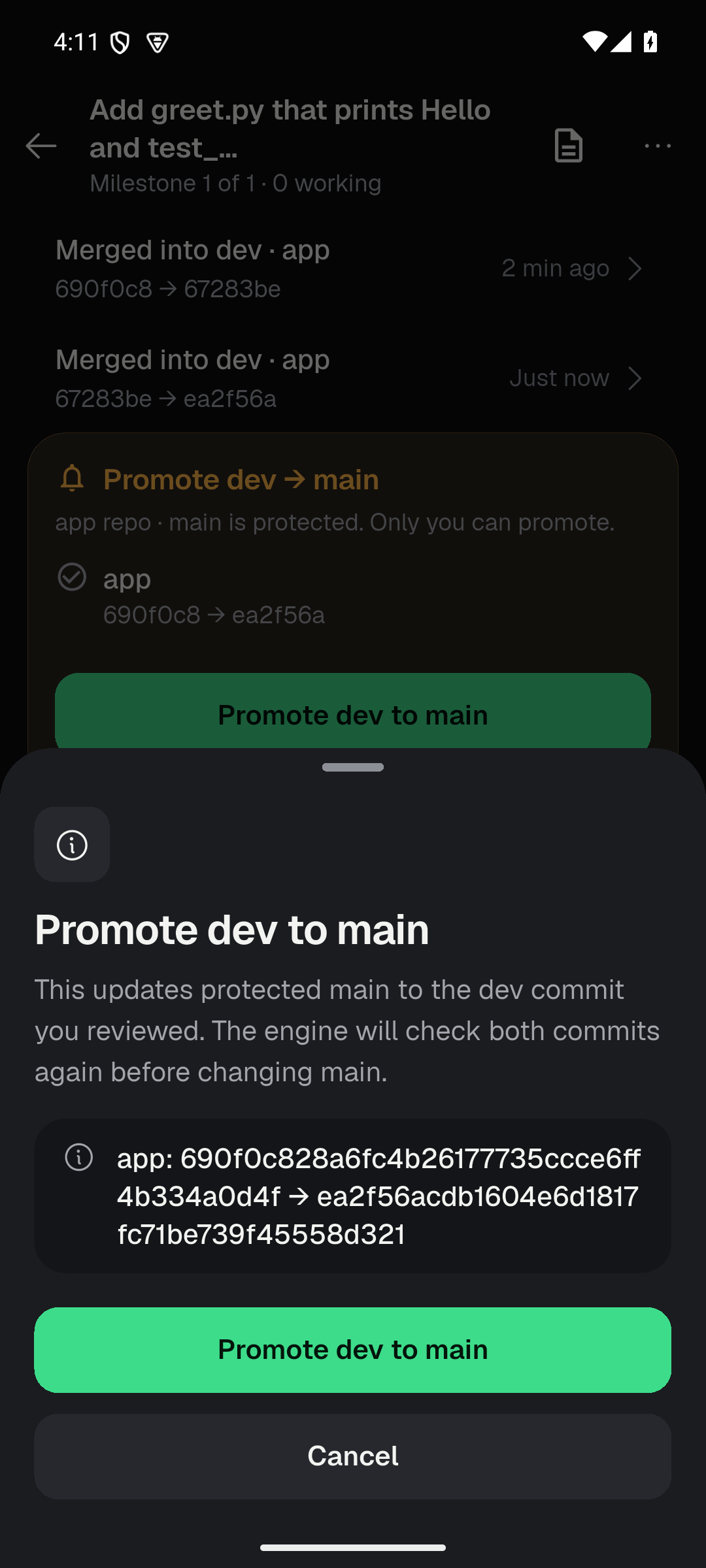 Promote dev to main asks for confirmation