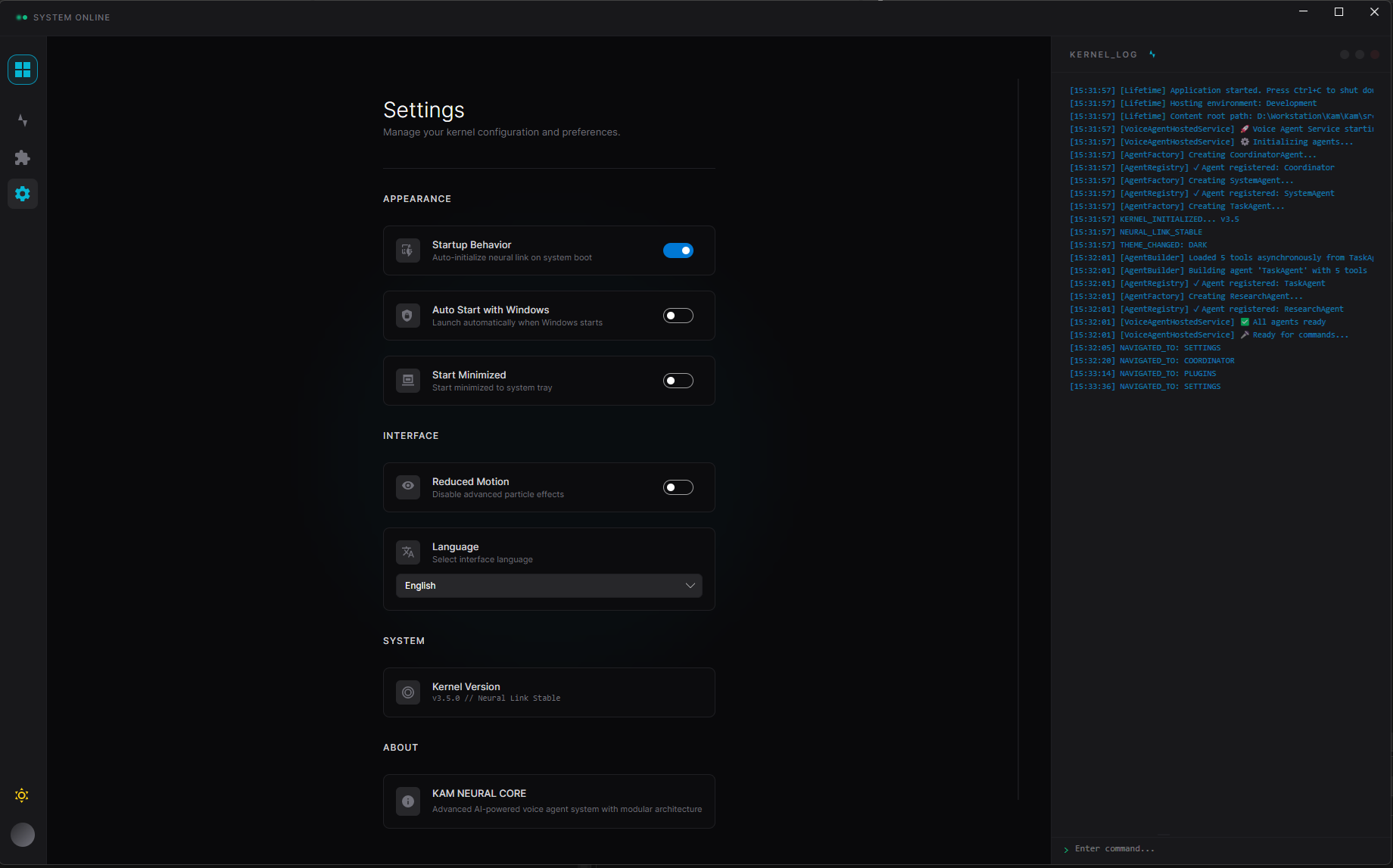 Kam settings and AI runtime configuration