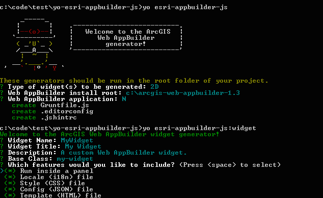 Screenshot of running the generator-esri-appbuilder-js generators
