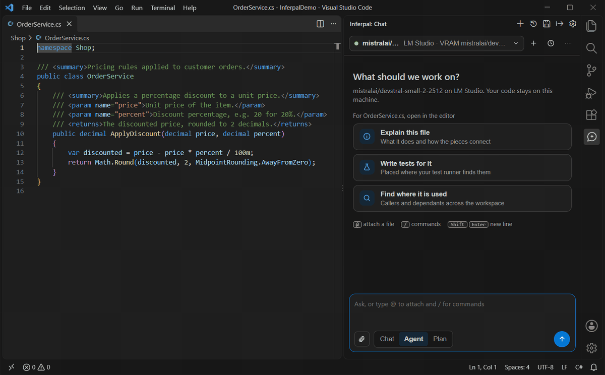 Inferpal in VS Code: asked to add argument validation to a C# method and cover it with xUnit tests, the agent plans, edits the method, creates the test file and runs the tests behind approval cards, and ends on its answer and a result bar with Undo run — on a local model