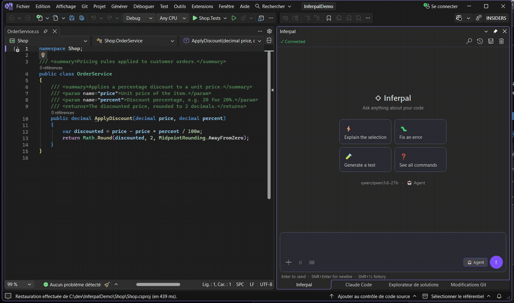 Inferpal agent adding validation and tests to a C# method: plan, approval-gated diffs, live edits, test run — all on a local model