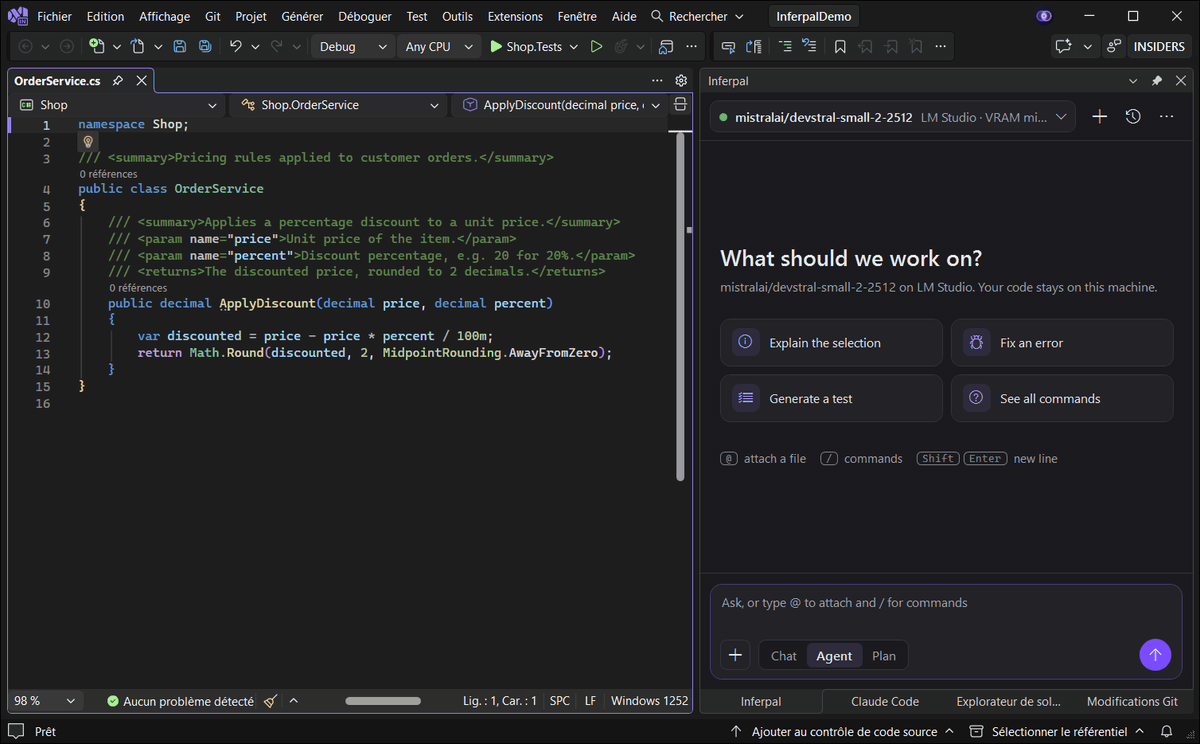 Inferpal in Visual Studio: asked to add argument validation to a C# method and cover it with xUnit tests, the agent plans, edits the method and creates the test file behind approval cards, runs the tests, and ends on a result bar with Undo run — on a local model
