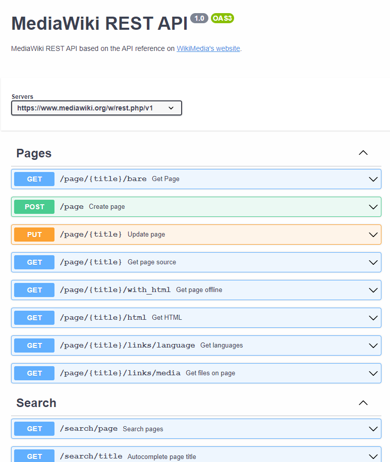 Swagger preview of the API. The title is "MediaWiki REST API" and below are HTTP verbs and paths.