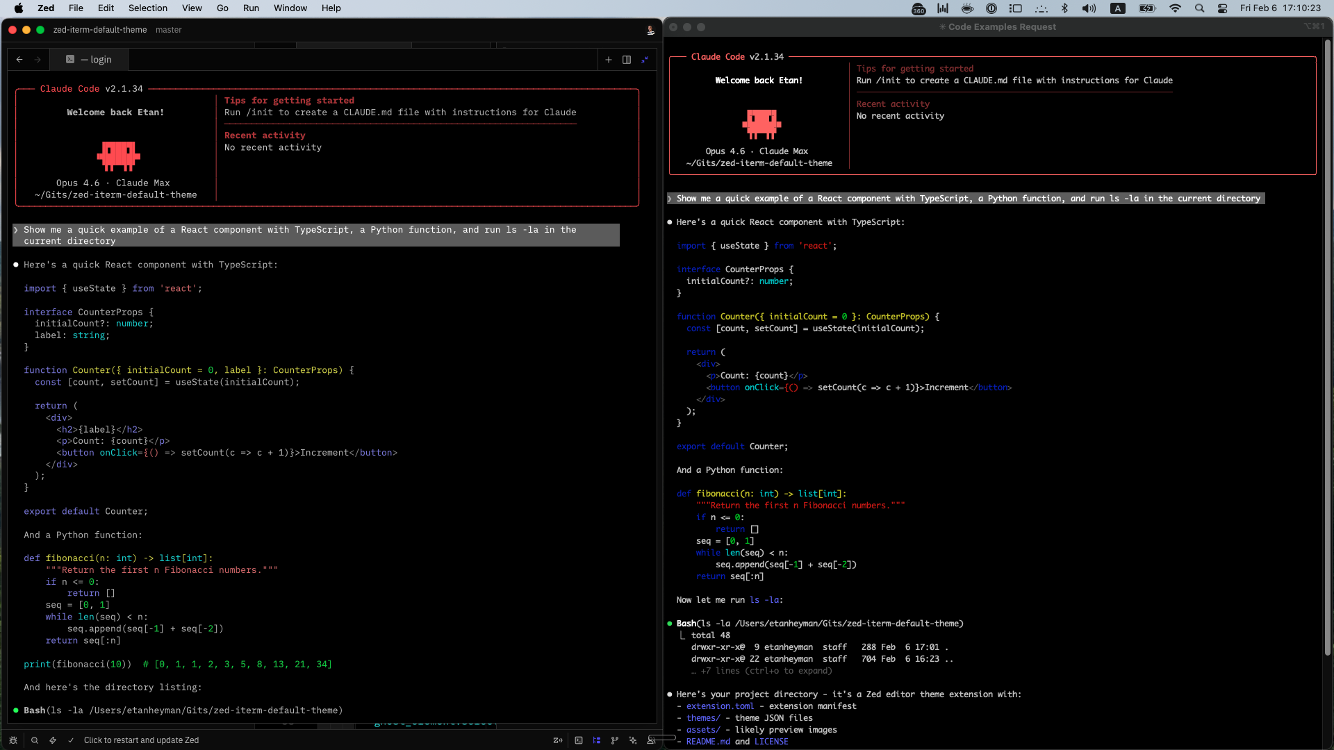 iTerm2 (left) vs Zed terminal (right) — same colors