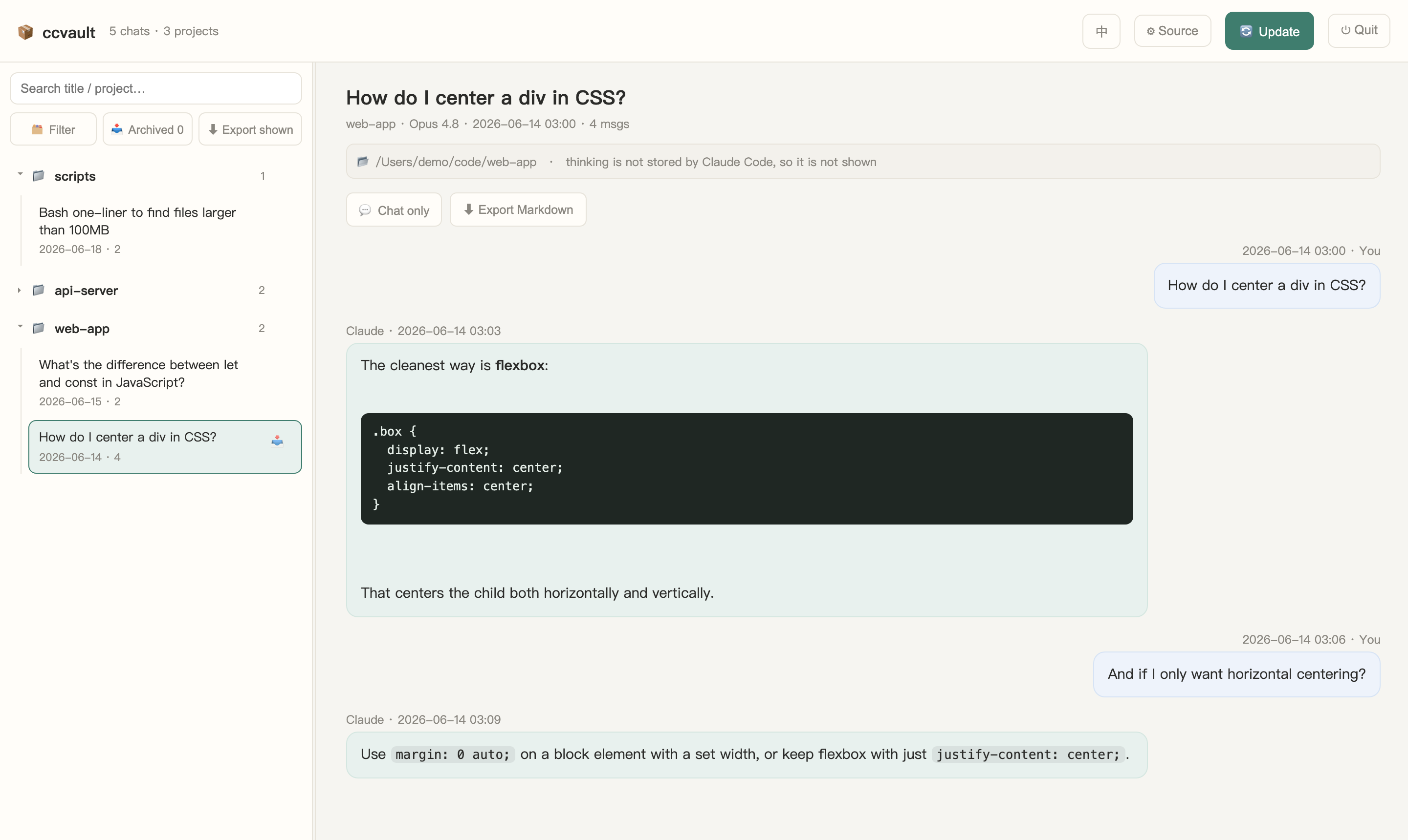 ccvault — browse, search and export your Claude Code conversations
