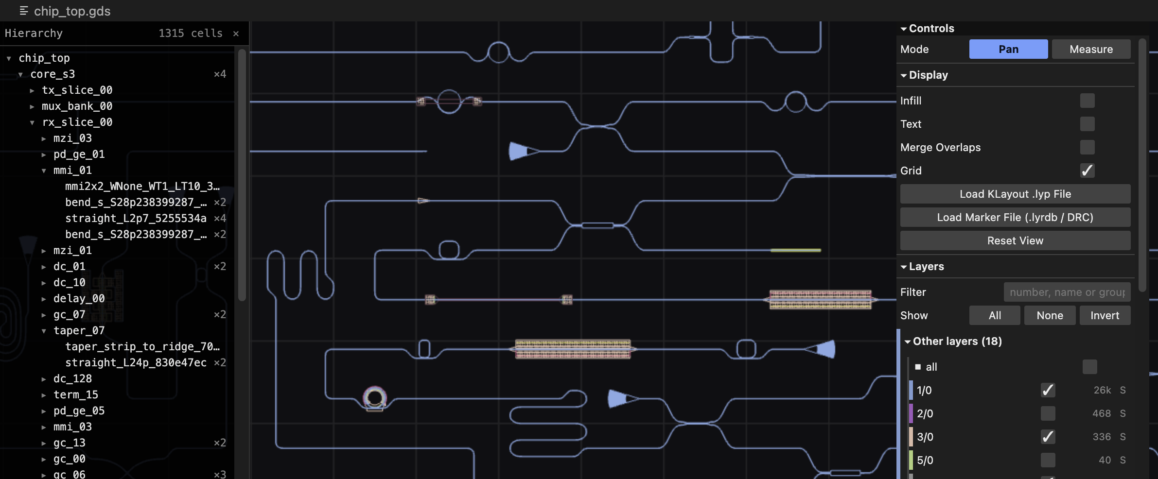 The viewer: a cell hierarchy tree, a rendered photonic layout, and the layer and display controls