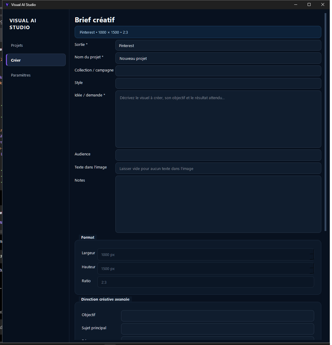 Brief créatif dans Visual AI Studio