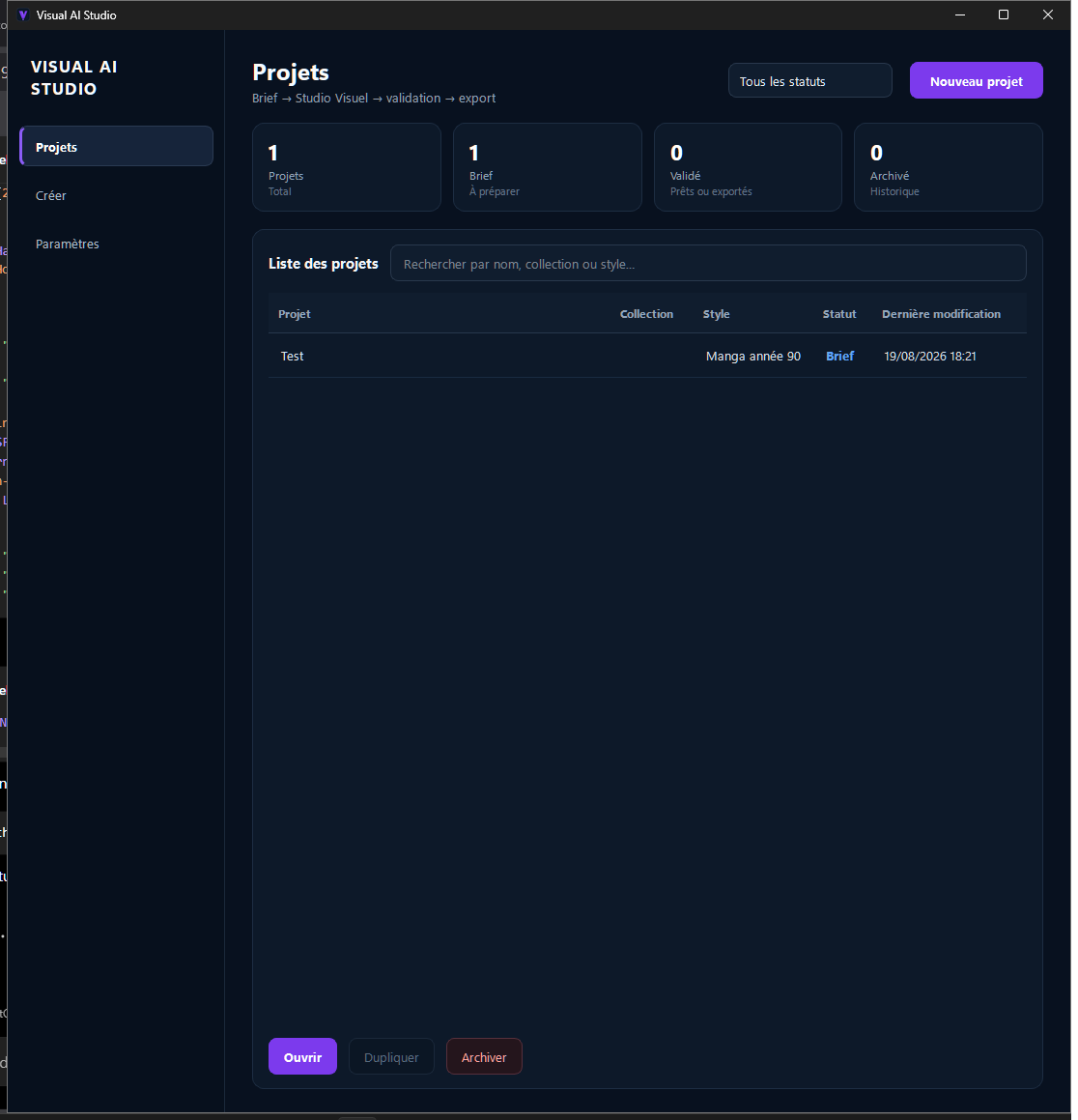 Écran Projets de Visual AI Studio
