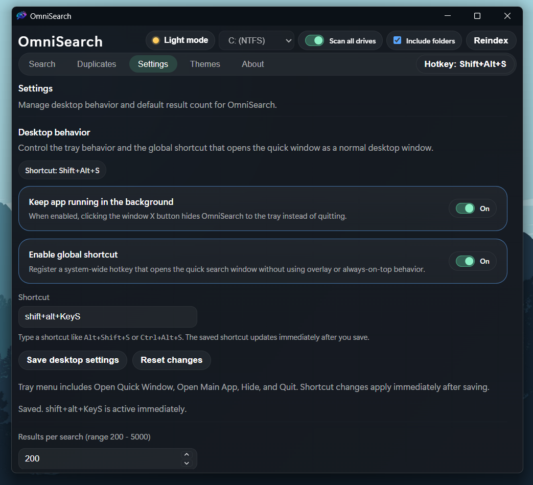 OmniSearch Drive Scope and Advanced Settings Screenshot