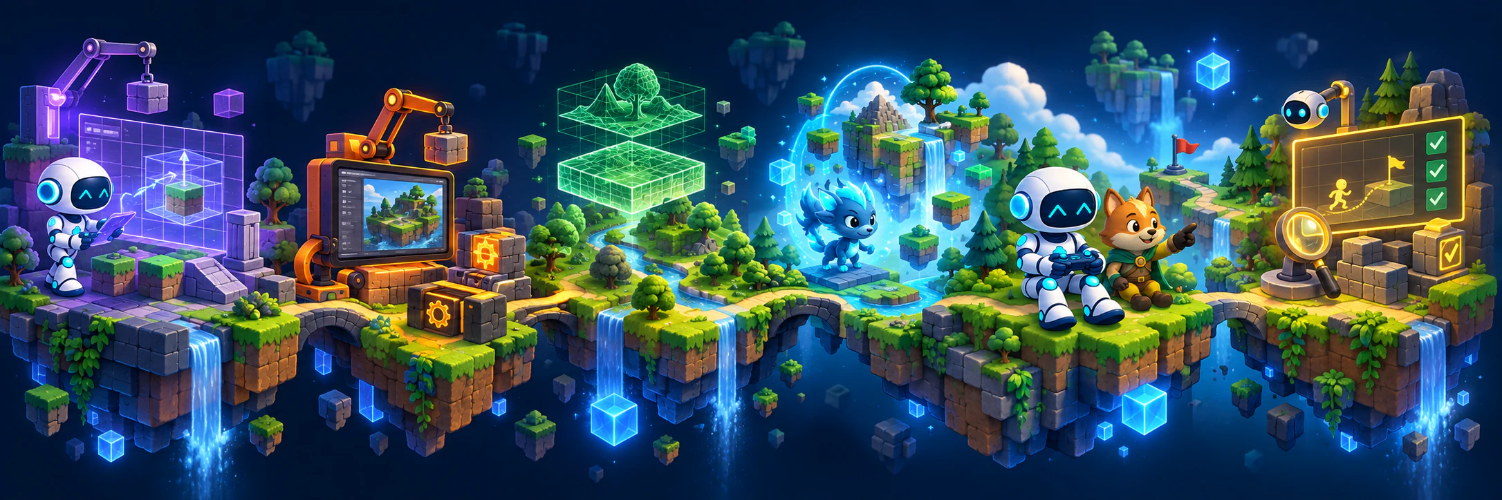 Panoramic AI for Games project banner connecting design, build, modeling, runtime generation, play, and testing