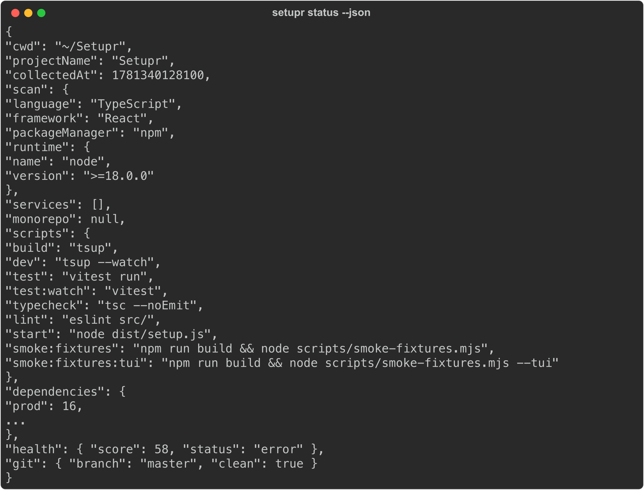 setupr status --json