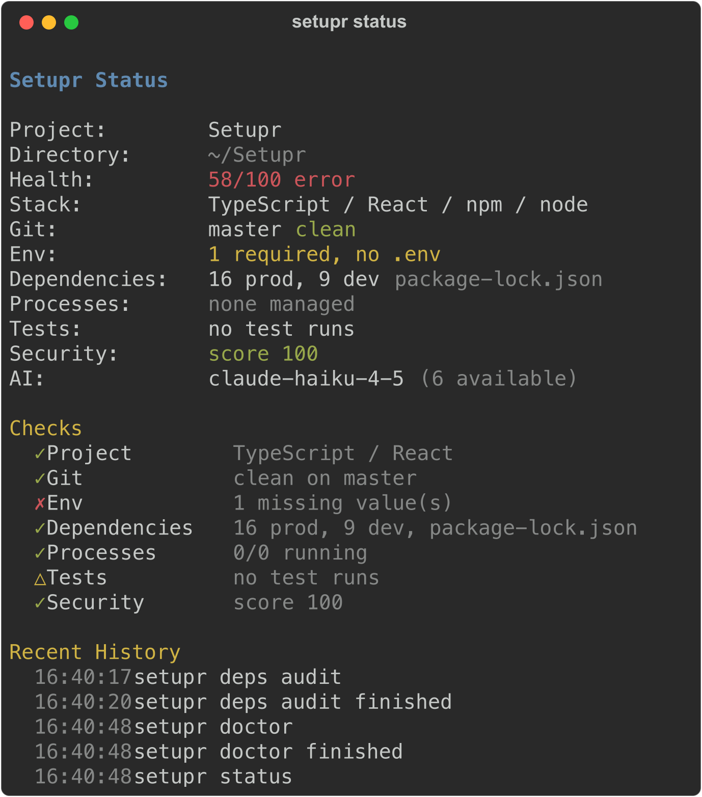 setupr status