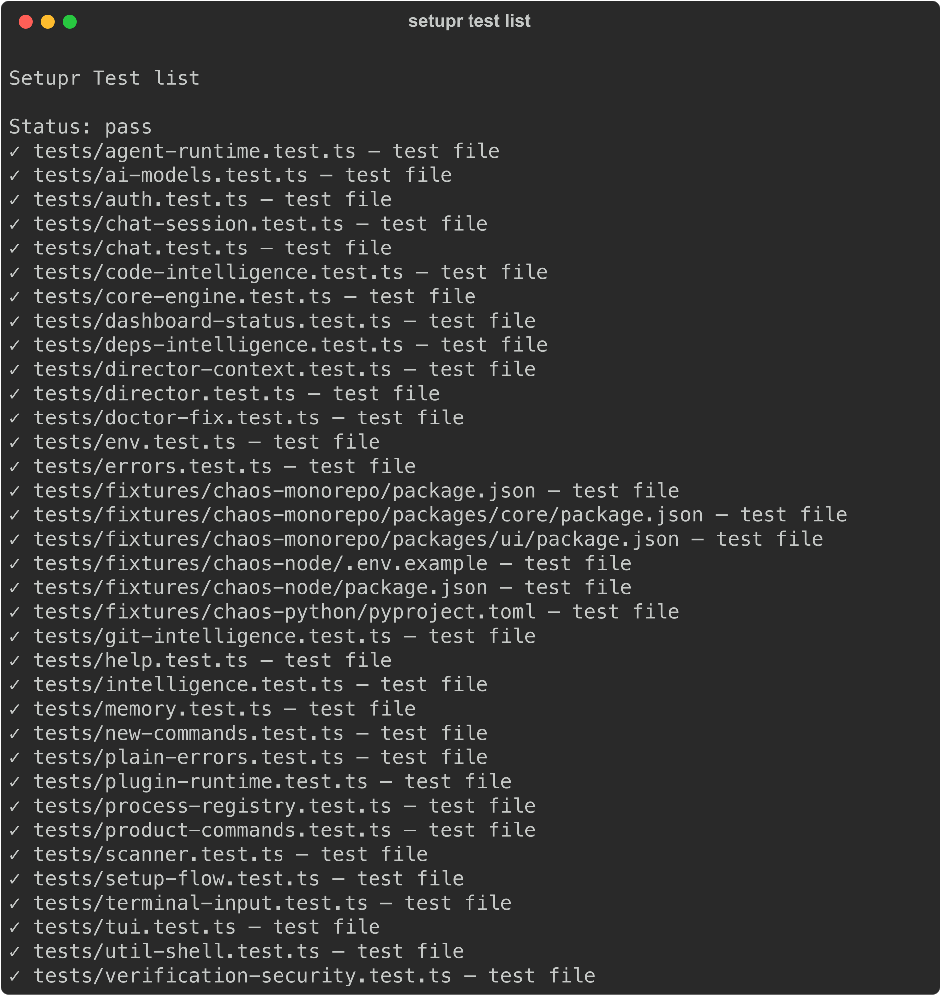 setupr test list