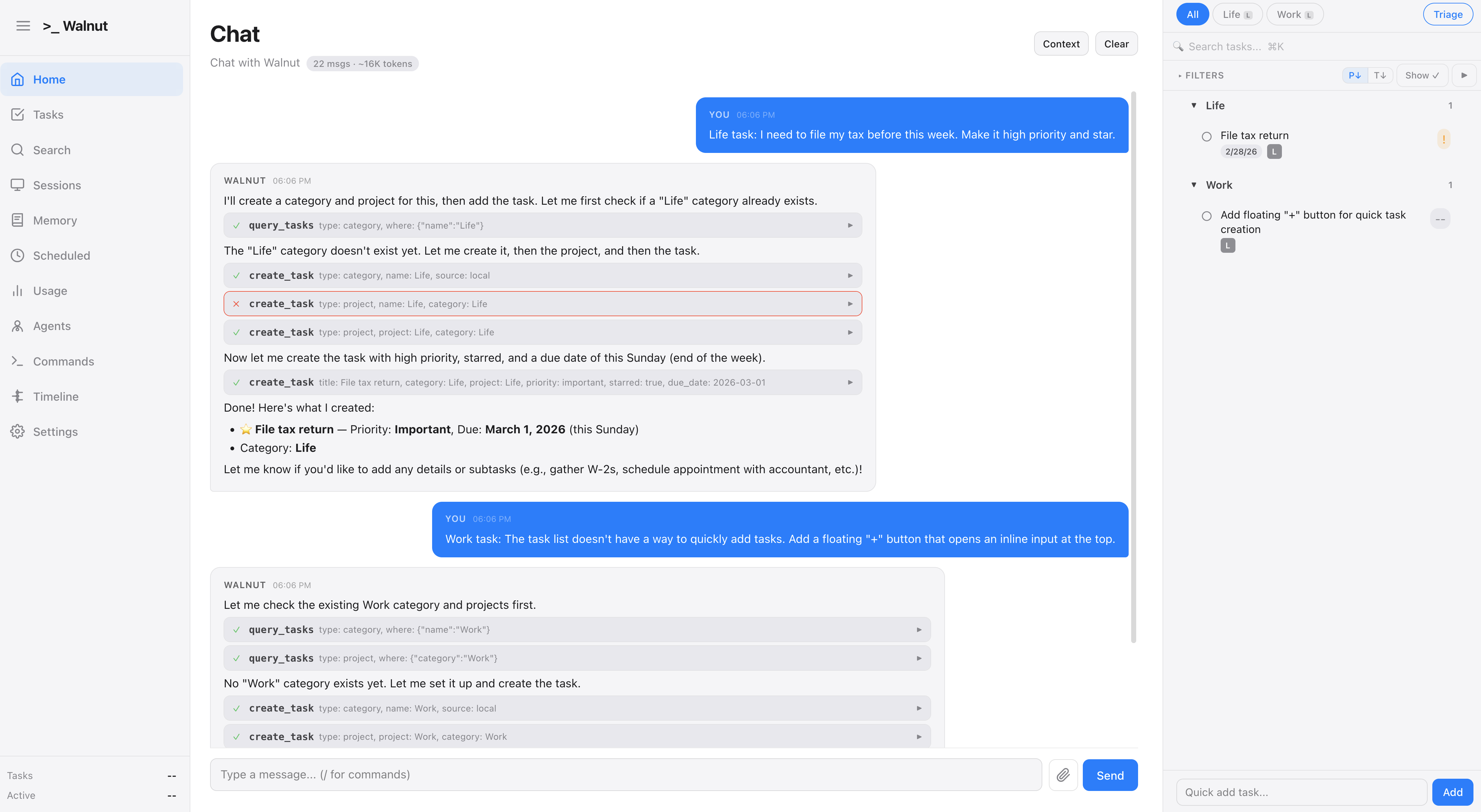 Open Walnut AI task manager — create a task through natural language chat