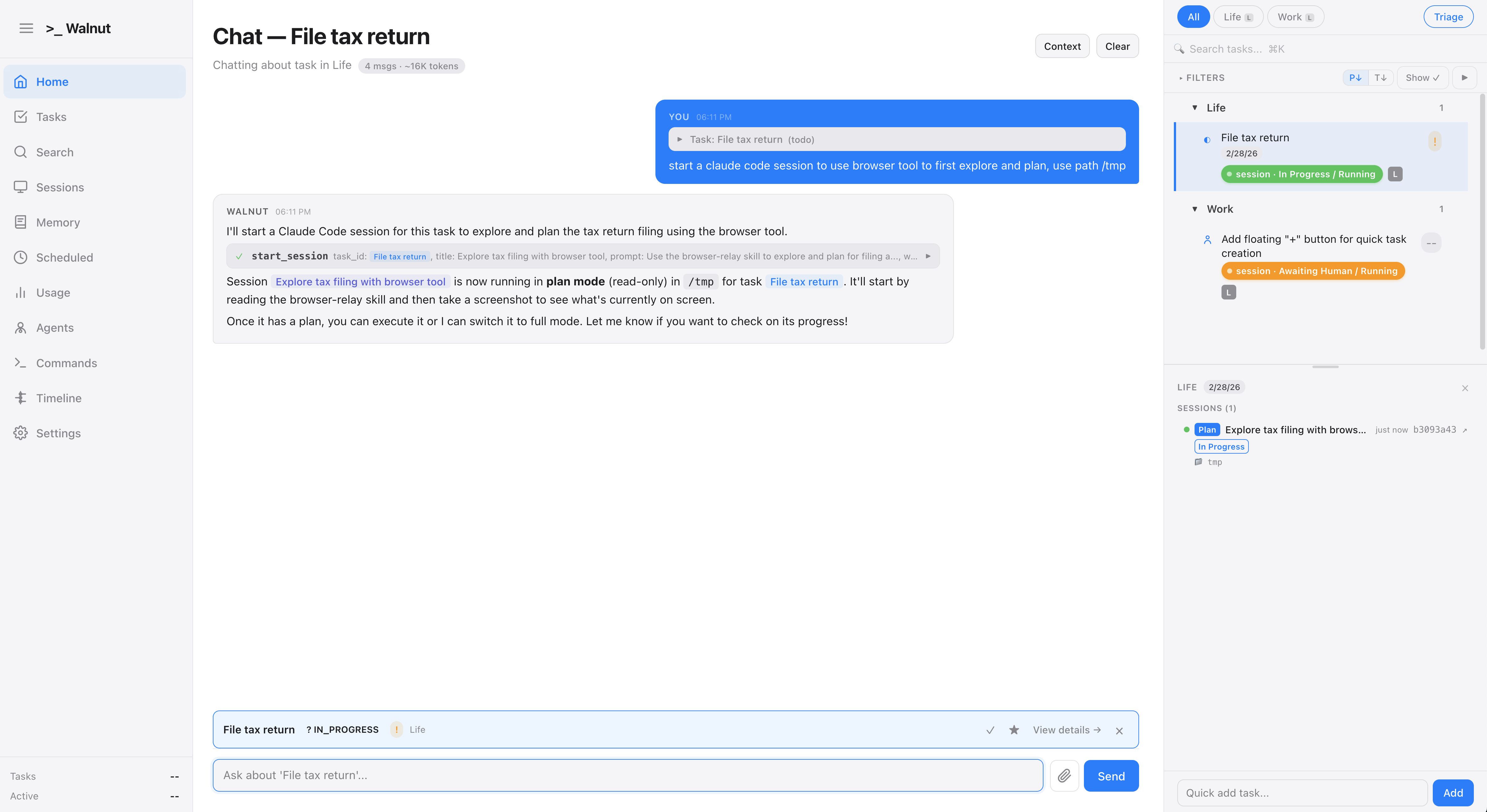 Open Walnut Claude Code session — AI starts a coding session attached to a task