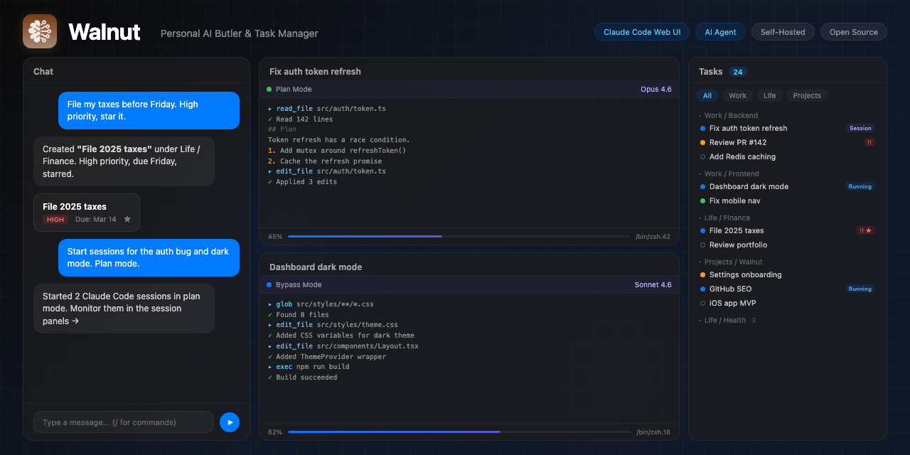 Open Walnut — AI butler with chat, Claude Code sessions, and task management