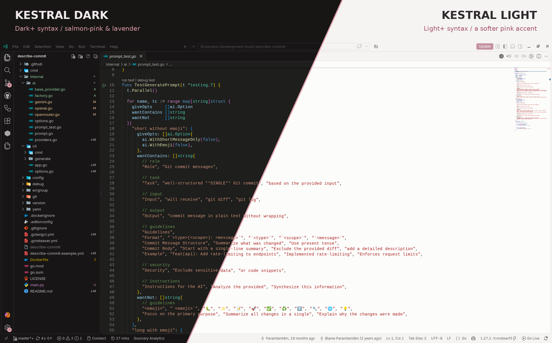 Kestral Dark and Kestral Light in VS Code, separated by a diagonal salmon-pink slash