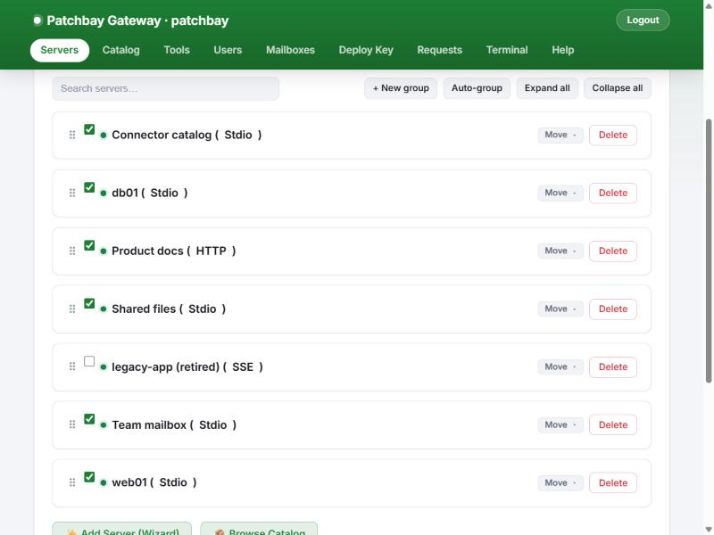 Servers page of the admin UI