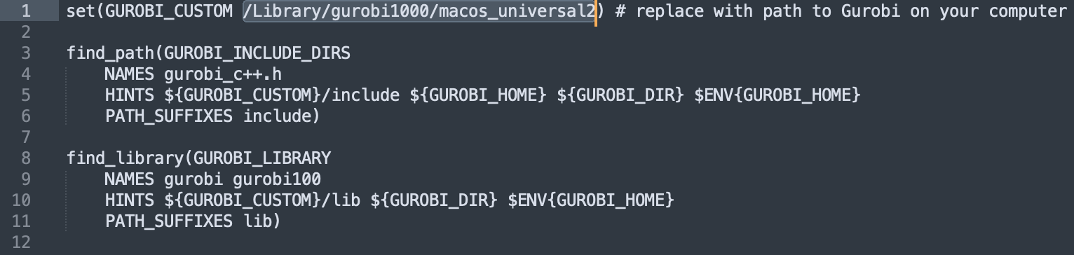 screenshot of FindGUROBI.cmake file