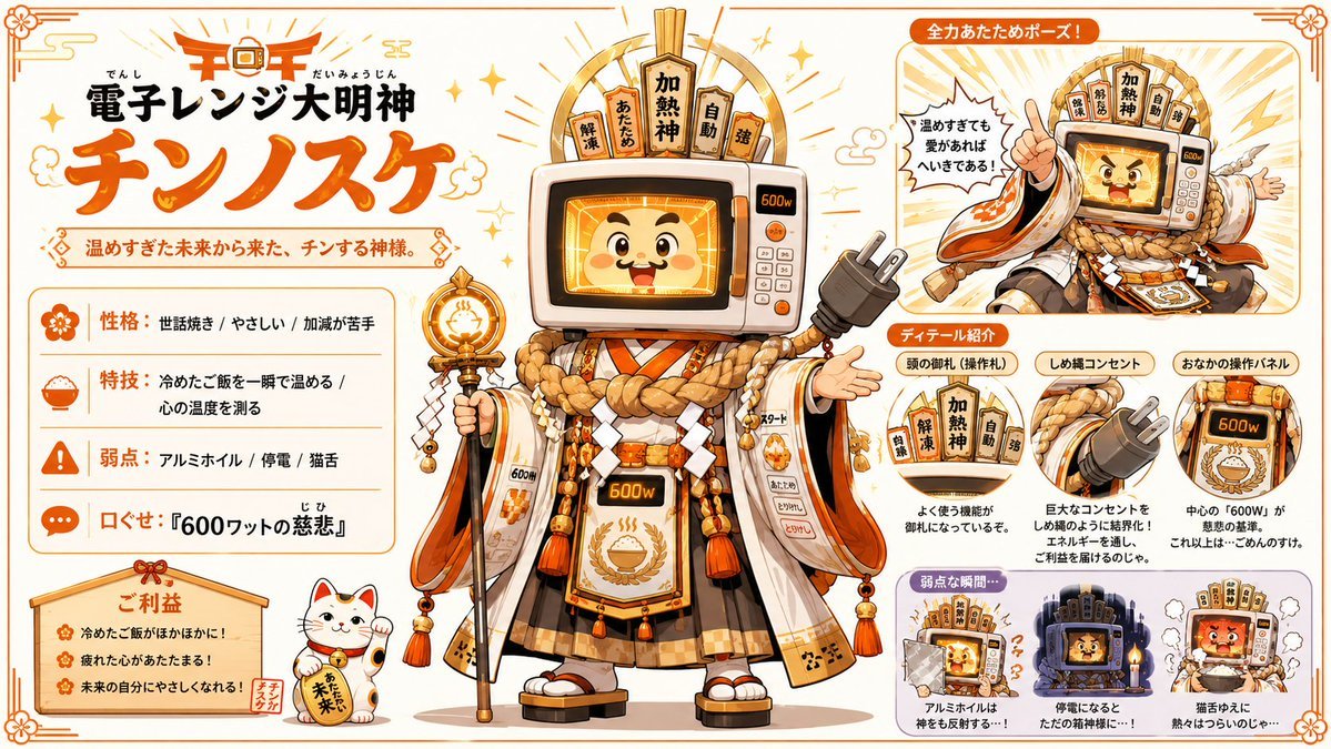 GPT-Image-2 Prompt Example - 電子レンジ大明神キャラ設定ポスター