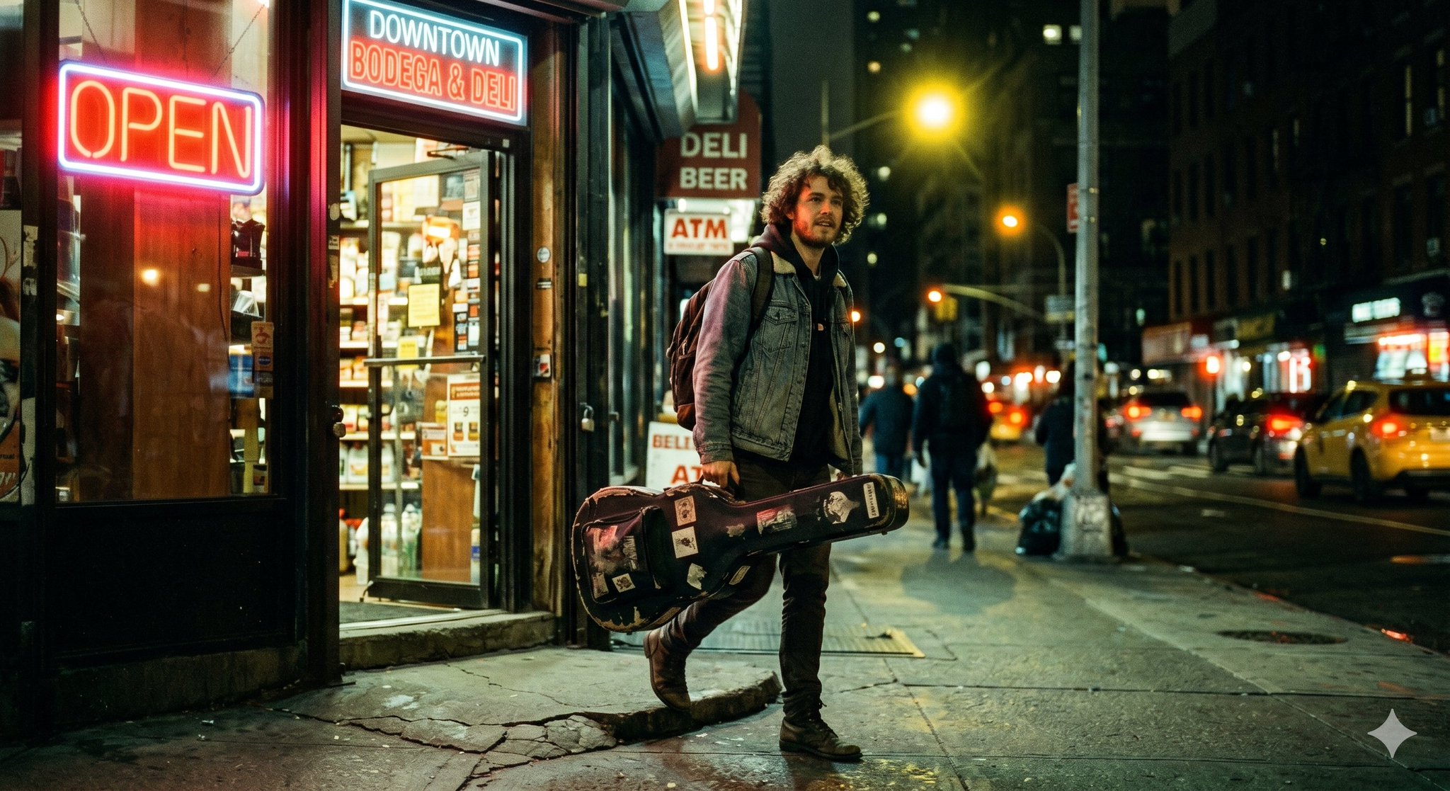 Musician Leaving Bodega Night Cinematic Portrait generated image example