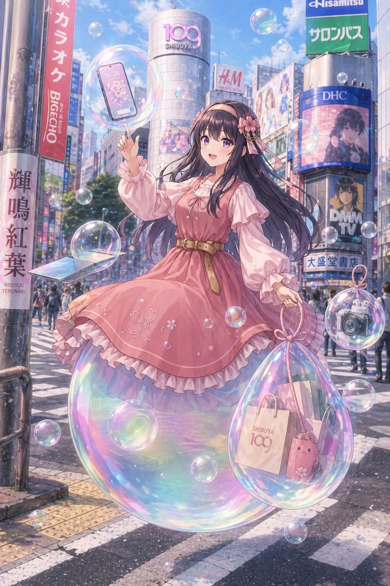 Dreamy Shibuya Bubble Girl generated image example