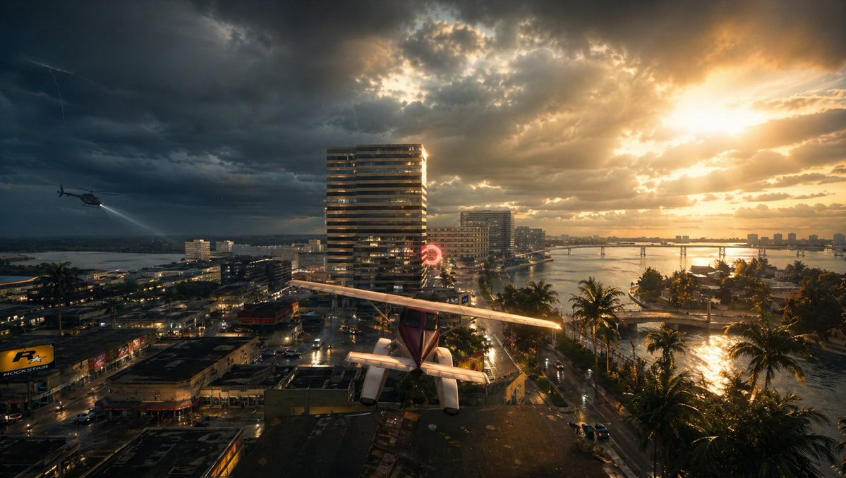 Stormy Tropical City With Rooftop Plane generated image example