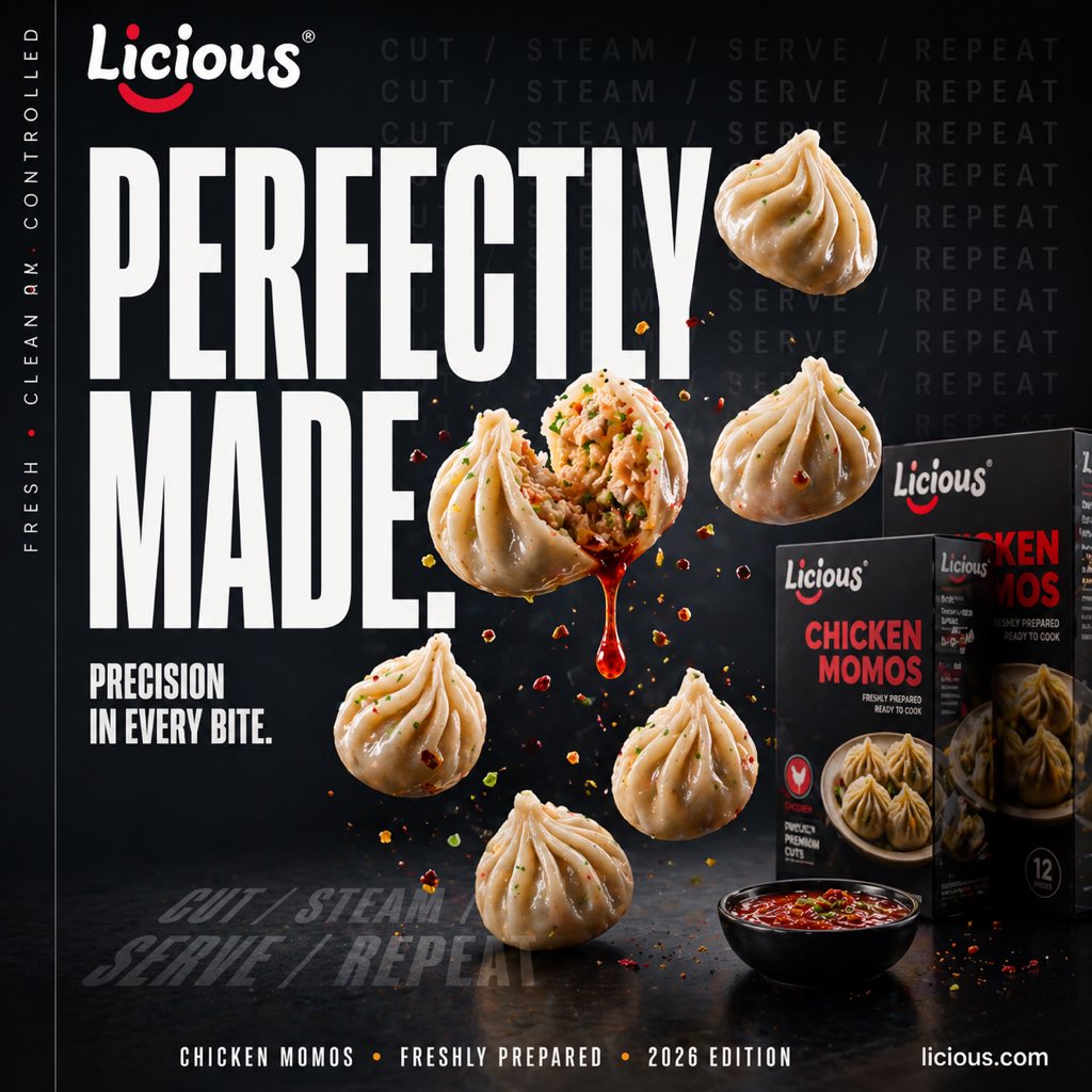 Cinematic Chicken Momos Ad Poster generated image example