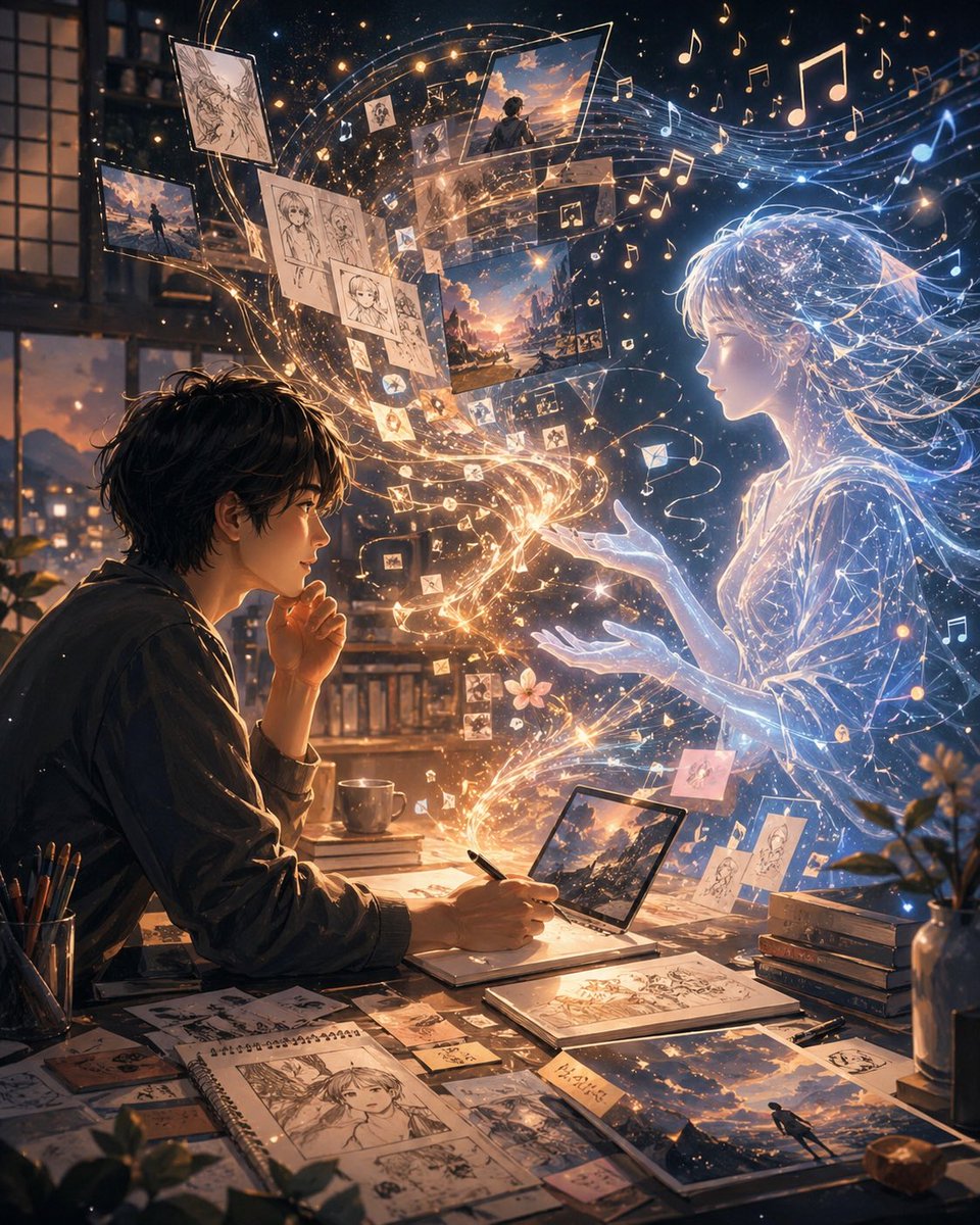 Artist and Ethereal Muse at Night generated image example