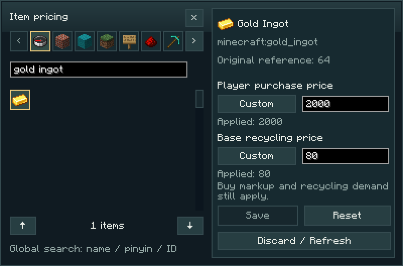 In-game item pricing panel with independent purchase and recycling prices