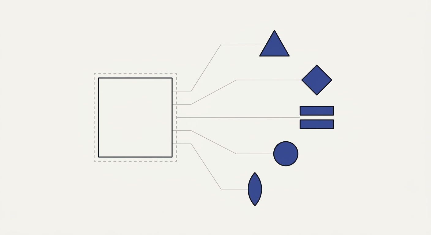 One empty outline on the left, drawn but never filled, becoming five solid shapes on the right — each traced back to where it came from