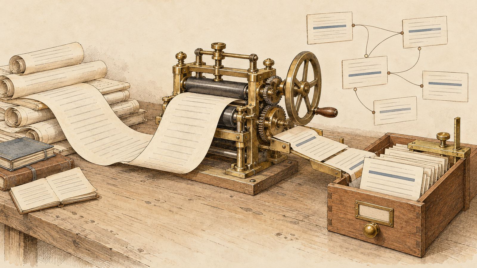 Long paper scrolls and notebooks feed a brass binding press; out of it come index cards, filed in a small card-catalogue drawer, a few of them linked by ink lines, a brass gauge on the drawer's edge.