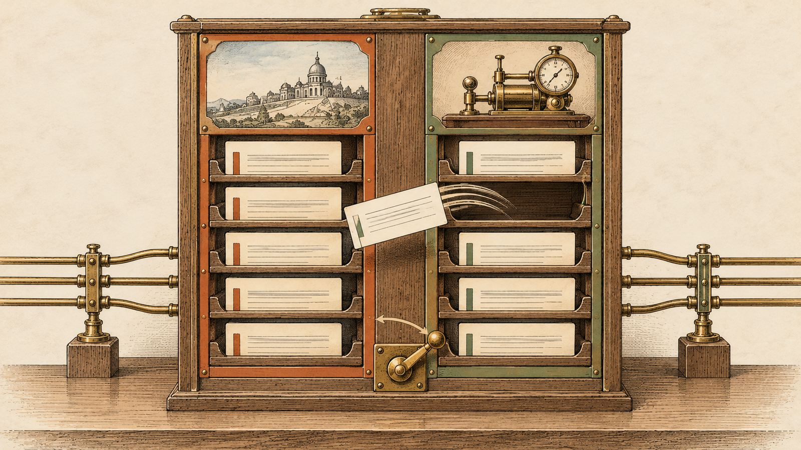 A dispatch board with two columns of card slots, frontier on the left and local on the right; one card moves mid-air from the right column to the left; a lever below is thrown.