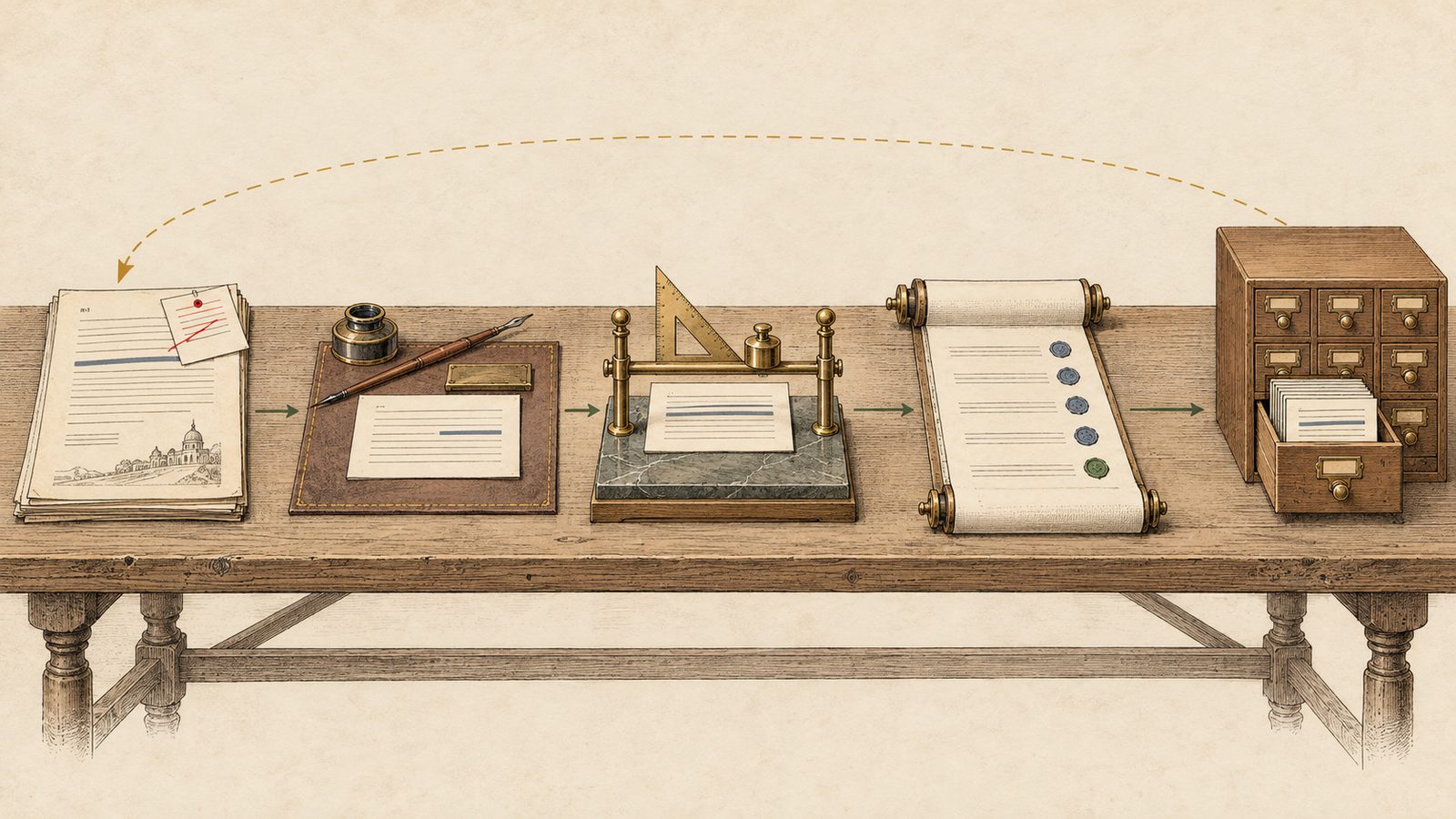 A finished work order with a correction pinned to it; a new index card drafted at a desk; the card checked at a small brass gate; a ledger line closed with a fresh seal; the card filed in a cabinet drawer.