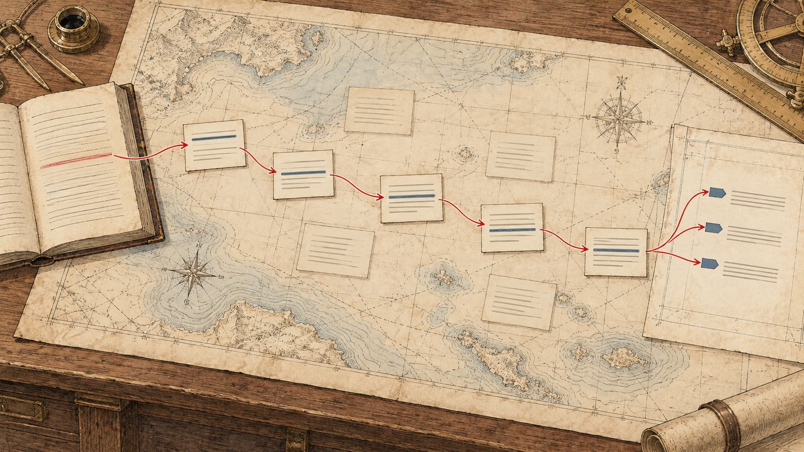 An open index book with one line underlined; a red-pencil route steps across five index cards, leaving each from its highlighted line, to a plan of three items, each tagged back to the card it came from.
