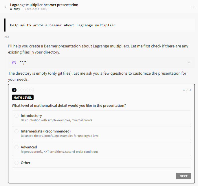 OpenCode AI integration — chat with AI to write LaTeX
