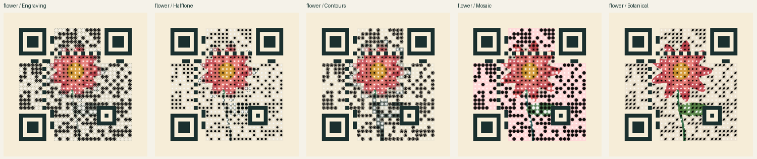Engraving, halftone, contour, mosaic and botanical QR treatments