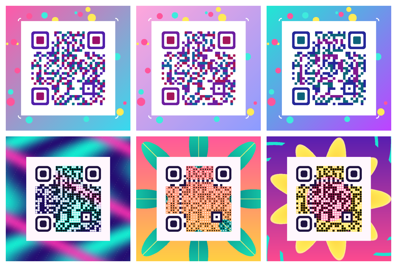 Prism, candy, neon, aurora, tropical and solar QR designs