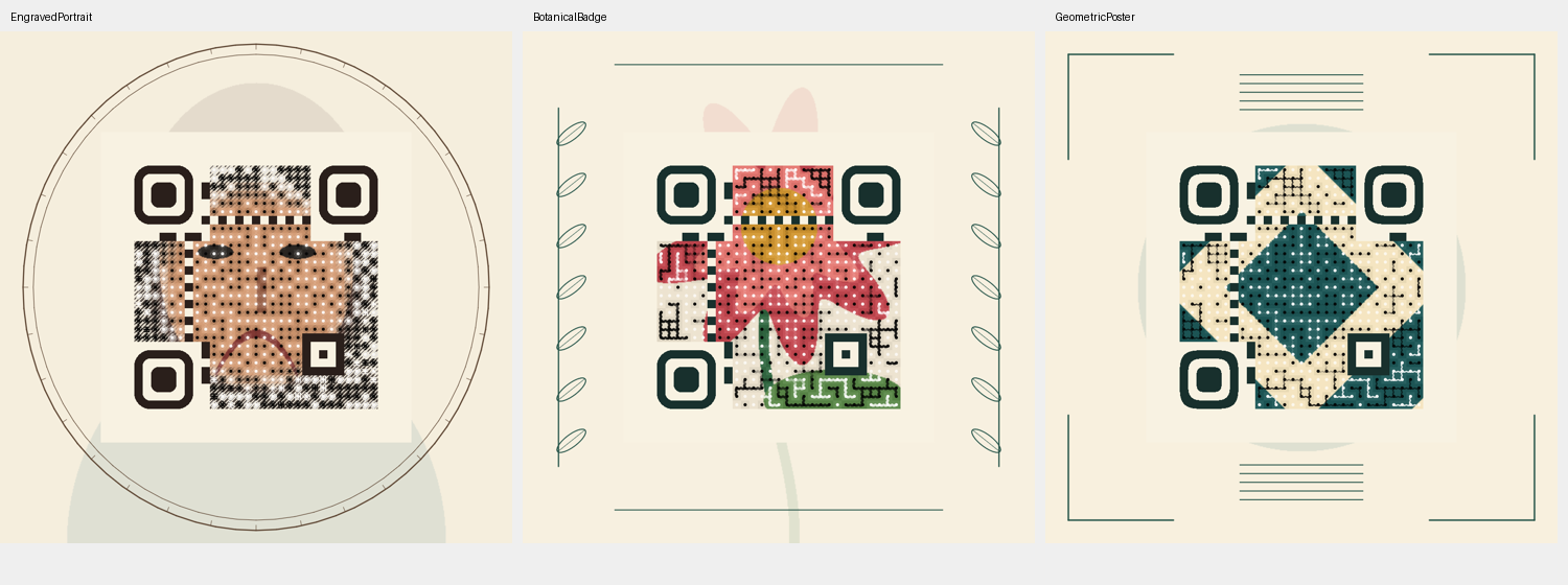 Engraved portrait, botanical badge and geometric poster QR compositions