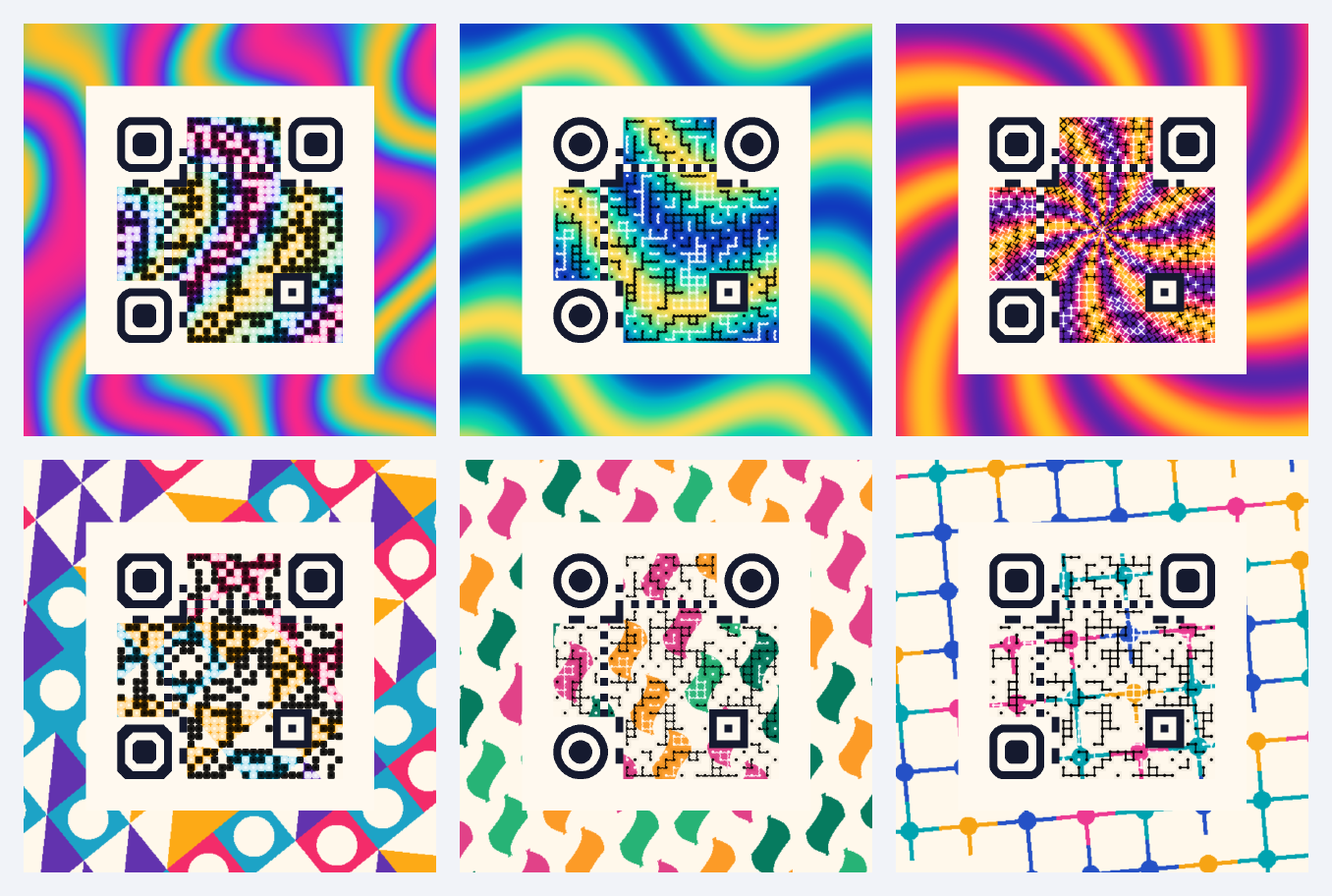 Six locally drawn QR designs: marble, waves, sunburst, geometric tiles, botanical weave and circuits