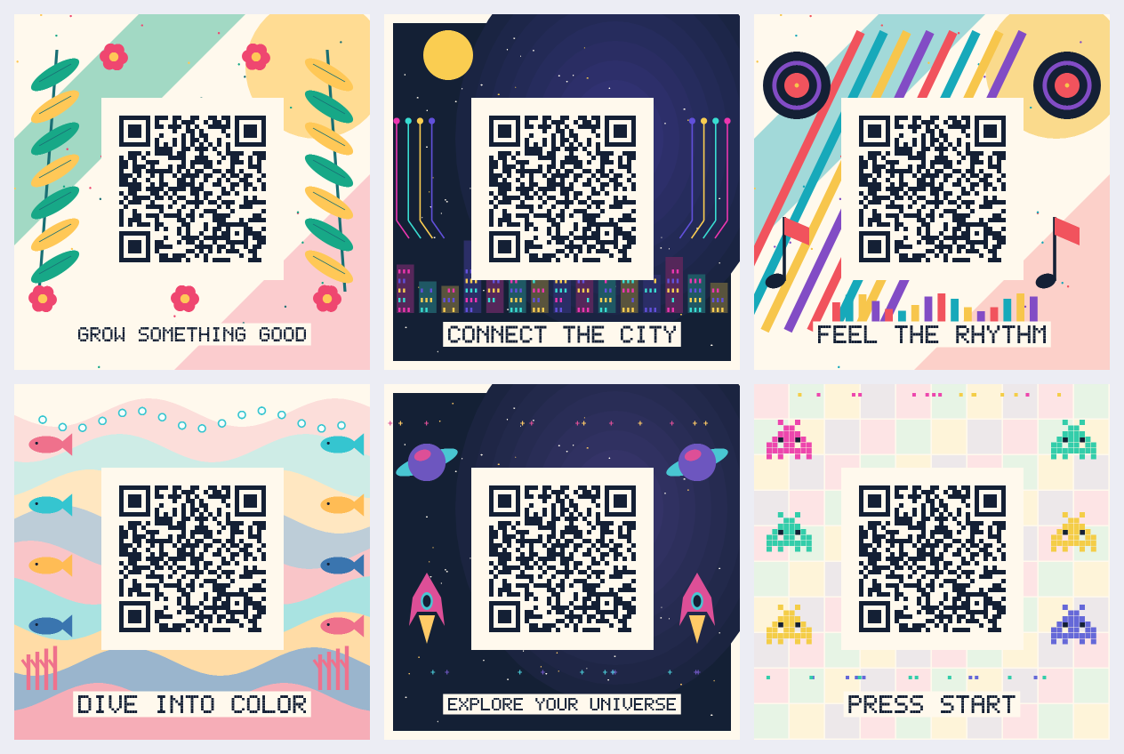 Six illustrated QR scenes: tropical garden, electric city, music festival, ocean reef, cosmic orbit and retro arcade