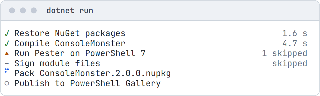 A status list of build steps: passed, warning, skipped, running and pending
